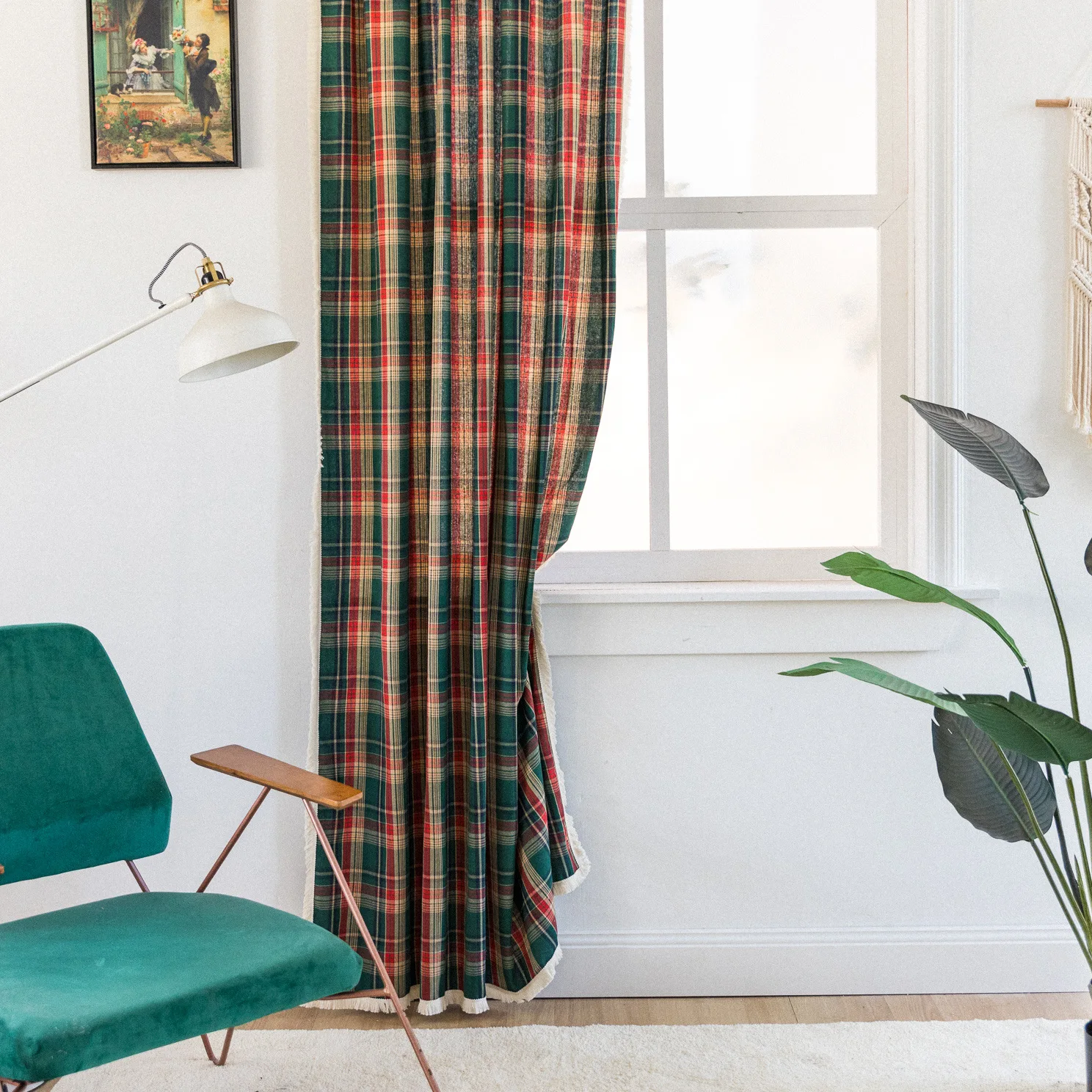 

Vintage Style Christmas Plaid Curtain Fashion Kitchen Door Curtain Balcony Long Curtains American style for Living Room Bedroom