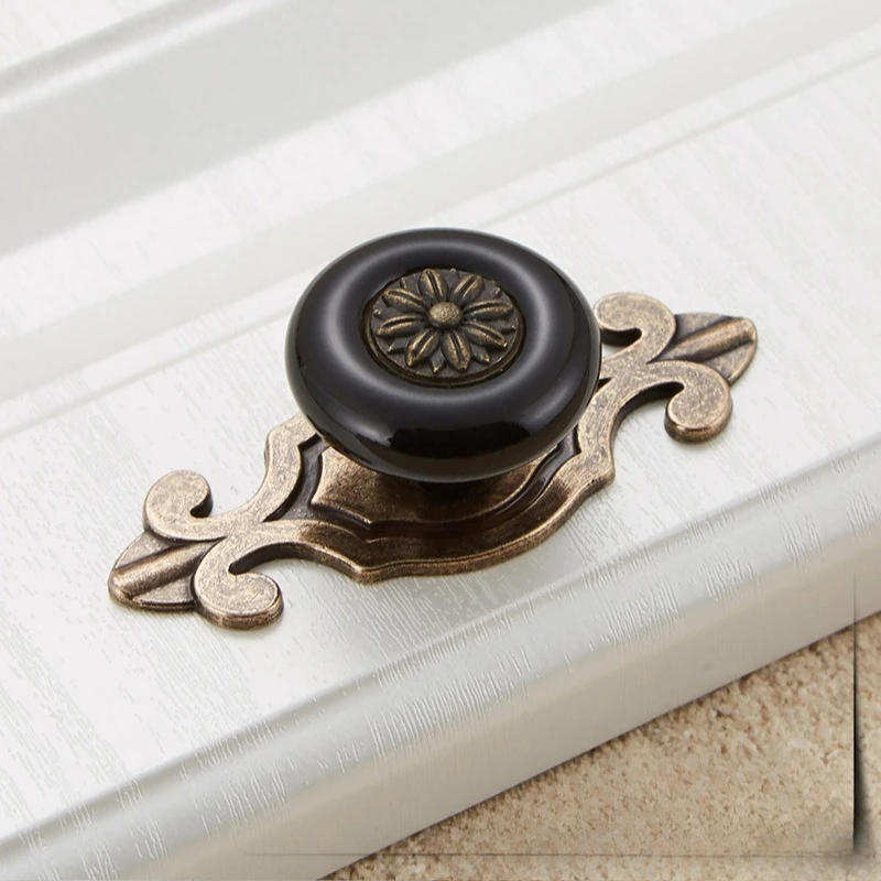 Set of 4 Vintage Ceramic Handles, Elegant Vanity Kitchen Petal Cabinet Knobs, Zinc Alloy Base Backplate, Cabinet Wardrobe Drawer