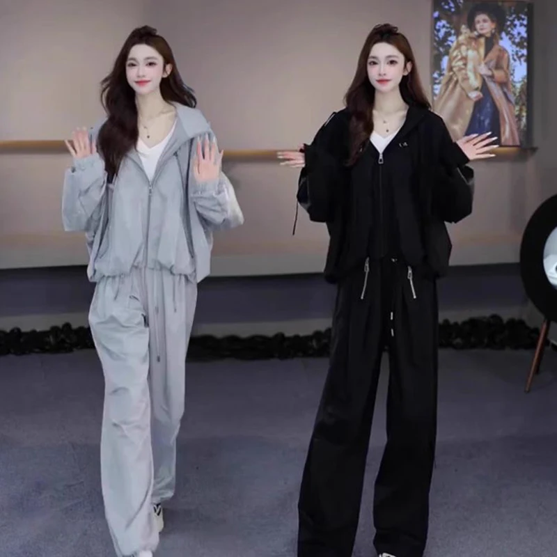 

Крутой и универсальный повседневный спортивный комплект для женщин, осень 2022, корейская версия, пальто с капюшоном и боди, комплект из двух предметов