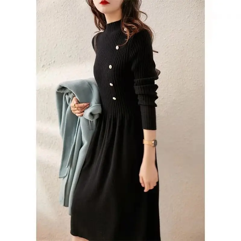 Spring Autumn New Slimming Slim Skirt Trendy Bead Buckle Embellishment Versatile Half High Collar Long Sleeve Dress Knitted