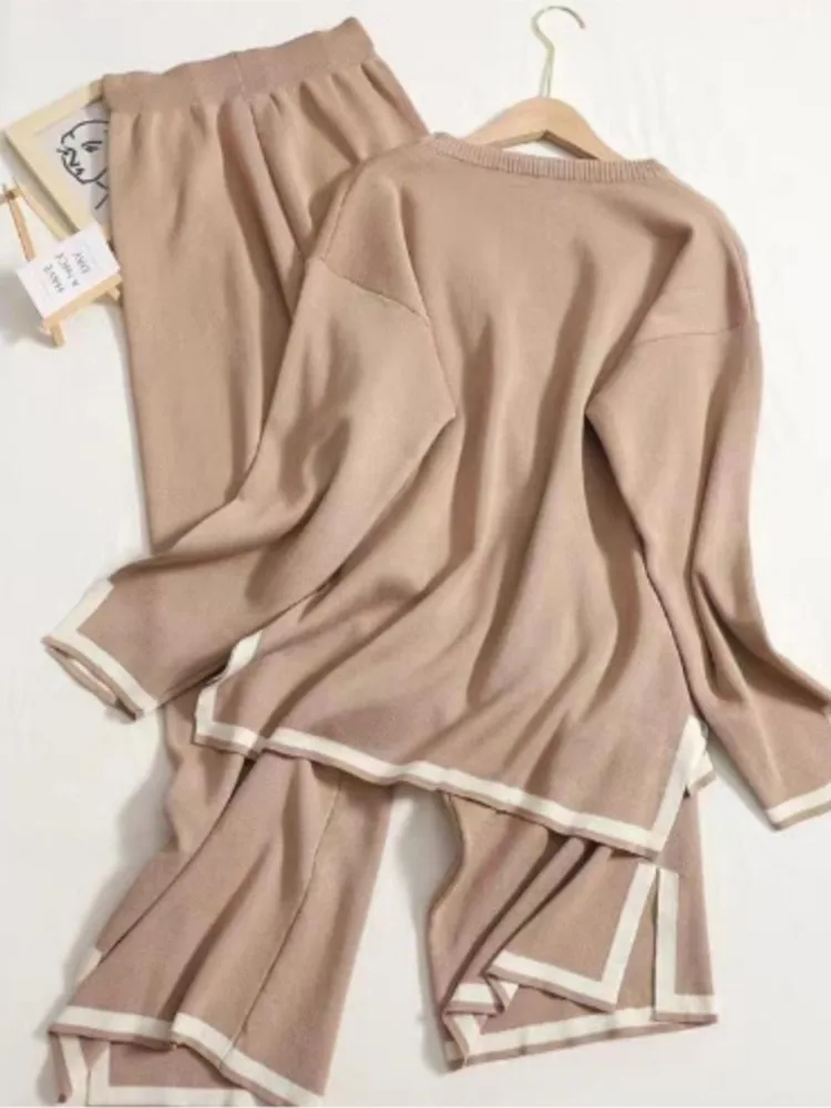 Conjunto de punto de retales a la moda para mujer, Tops informales de manga larga con cuello redondo y pantalones de pierna ancha, conjuntos de 2 piezas, ropa de calle para mujer