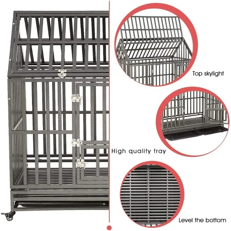 48" Heavy Duty Dog Crate Strong Metal Cage House Shape Pet Kennel Crate Playpen with 4 Locking Wheels