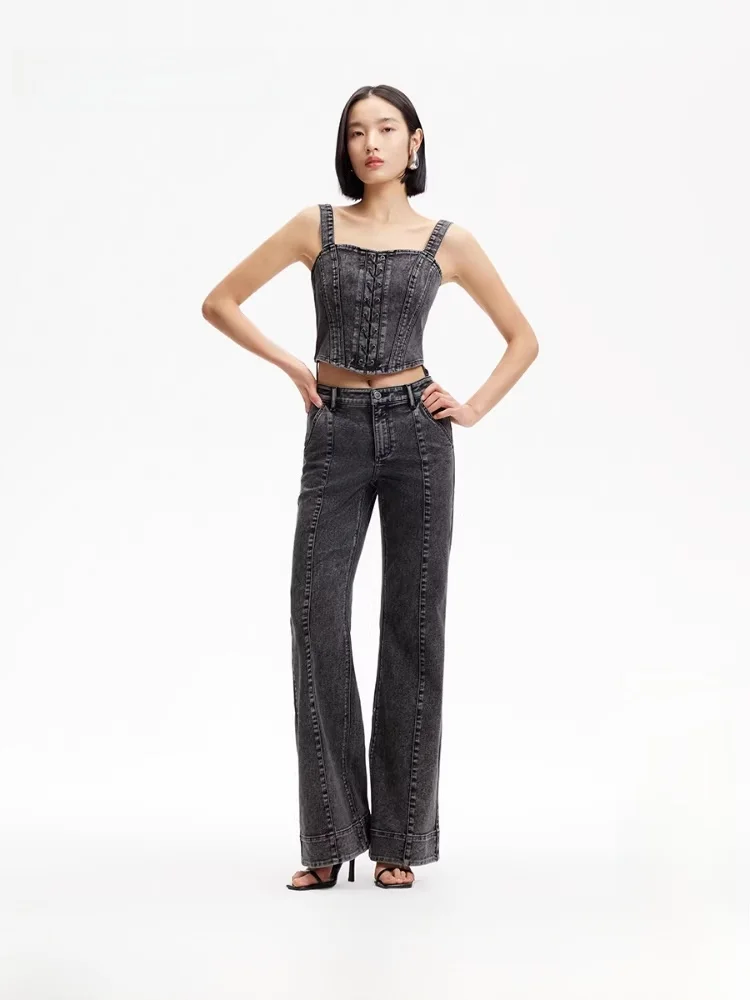 

Джинсовый комбинезон с высокой талией и микро-клешем, весна 2025, с отстегивающимися бретелями, женский, модный, из денима