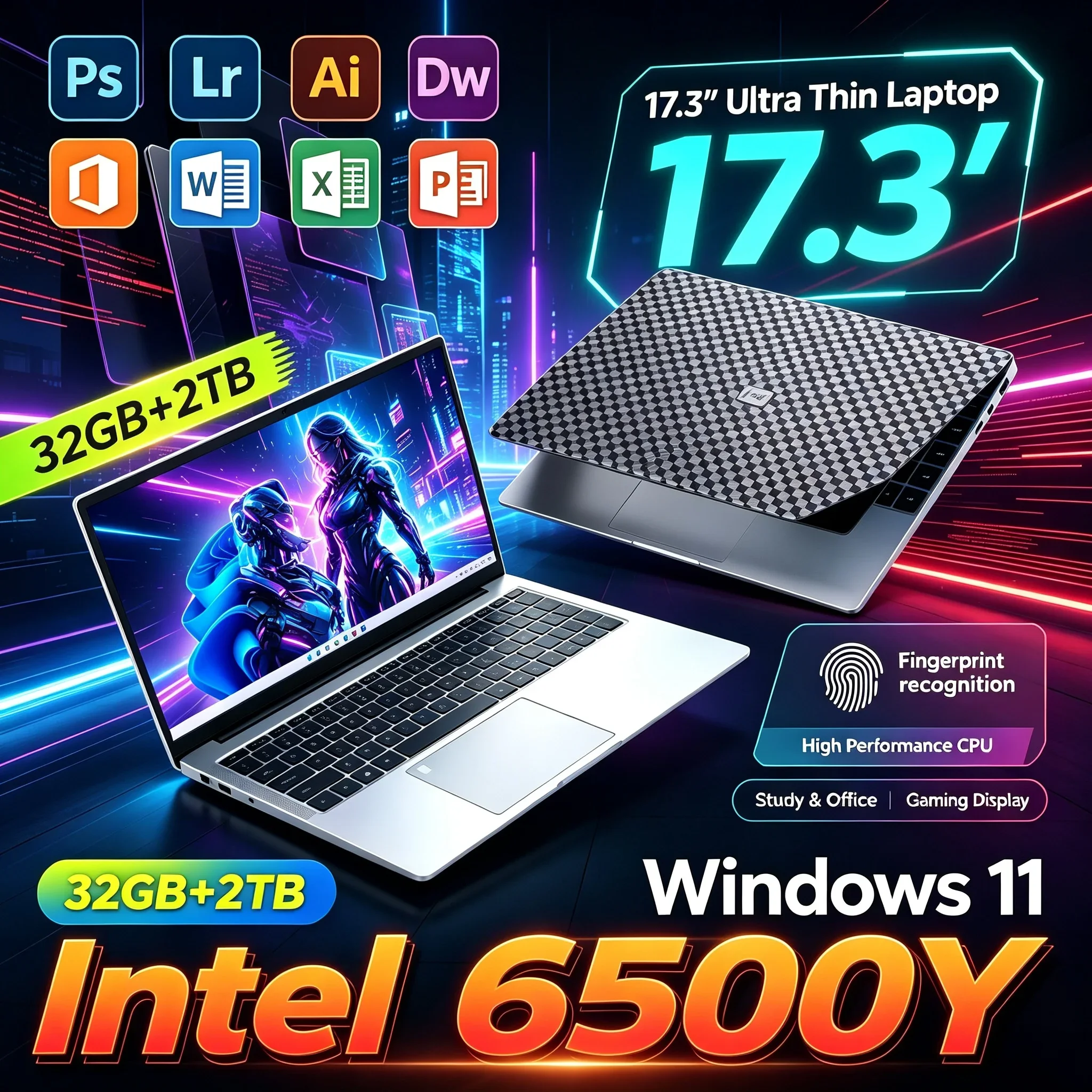 New 17.3'' Inch HD Portable Notebook PC Intel 6500Y 32GB RAM 1TB 2TB SSD Win11 WiFi6 BT5.2 Large Display Laptop For Daily Study