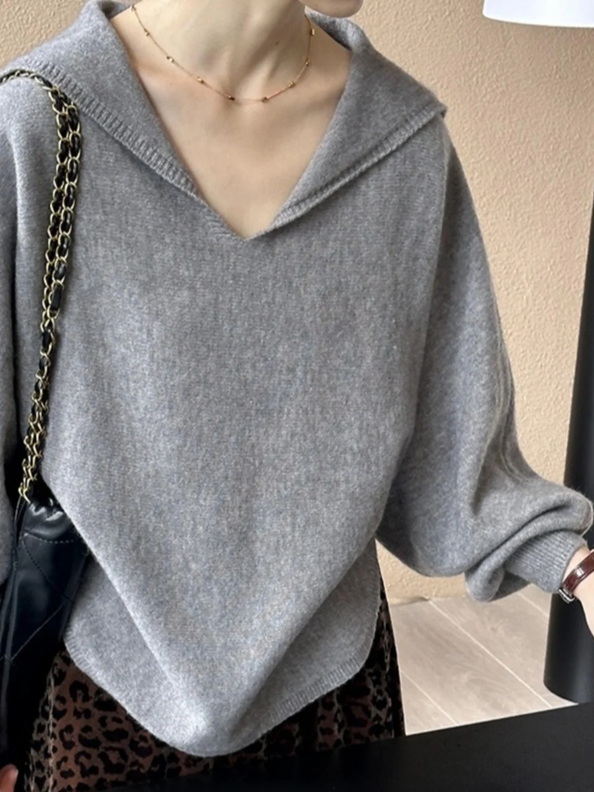 

Loose Korean Sle Knitted Sweater Naval Collar Batwing Lantern Sve Women's College Faion Long Sve Top Trendy