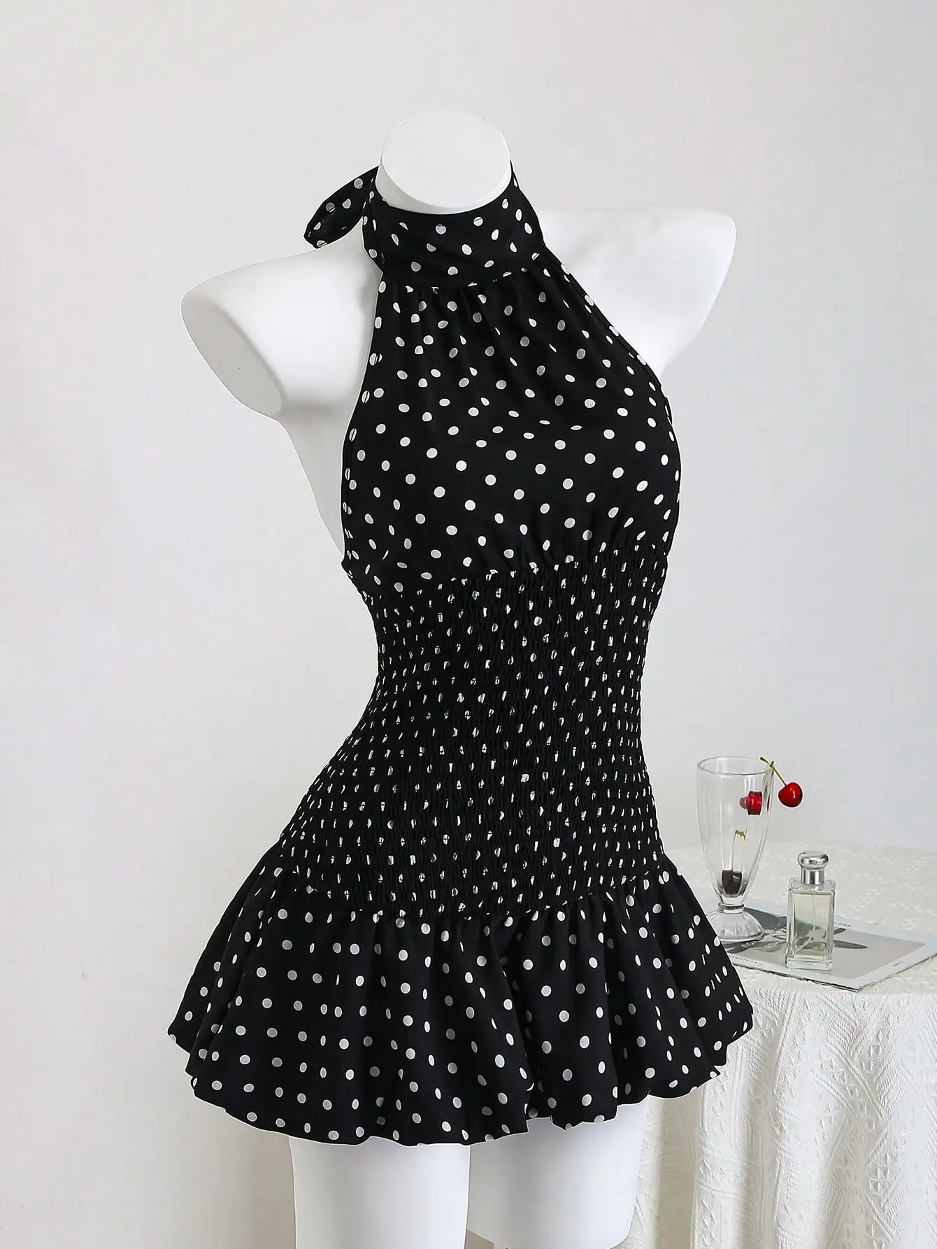 

Polka Dot High Neck Smocked Waist Ruffle Hem Mini Dress