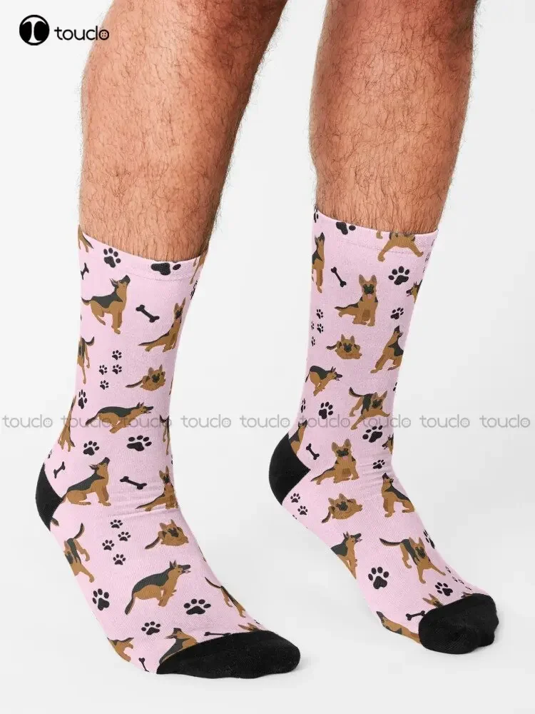 German Shepherd Pattern In Pink Socks Cartoon Socks 360° Digital Printing Personalized Custom Unisex Adult Teen Youth Socks
