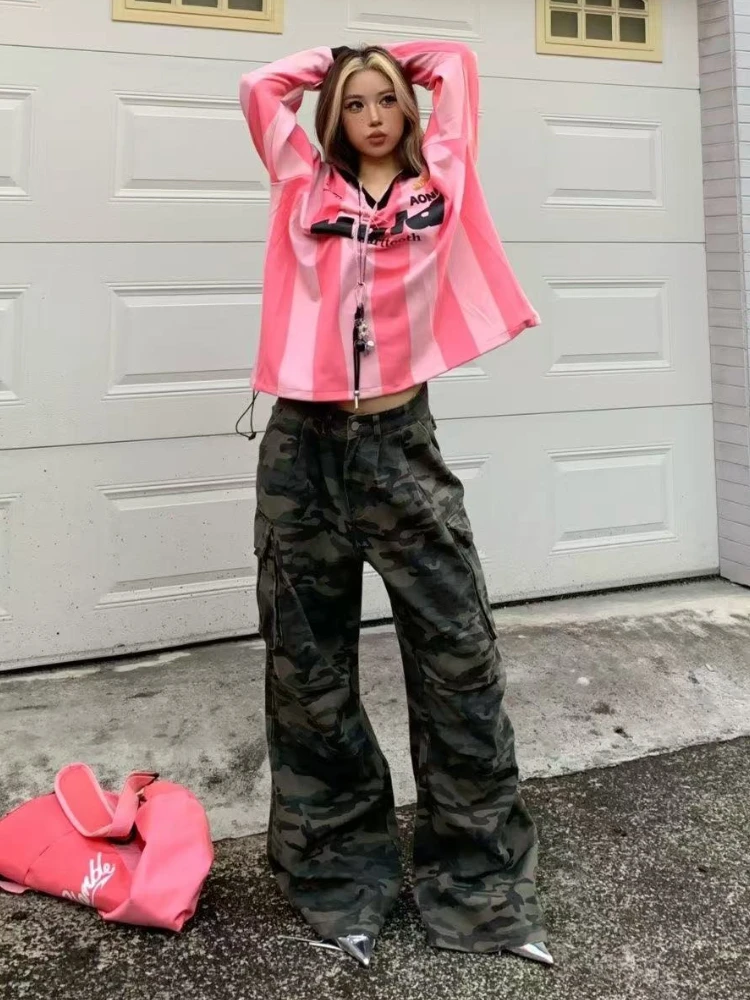 التمويه البضائع الجينز المرأة عالية الخصر خمر مستقيم فضفاض Y2K الدنيم السراويل للجنسين الهيب هوب الأمريكية واسعة الساق سراويل جينز #5