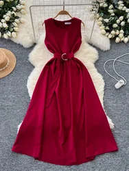 Summer Vintage Women Red/Pink/Blue/Black Midi Dress Elegant Round Neck Sleeveless High Waist A-Line Vestidos Female New Fashion