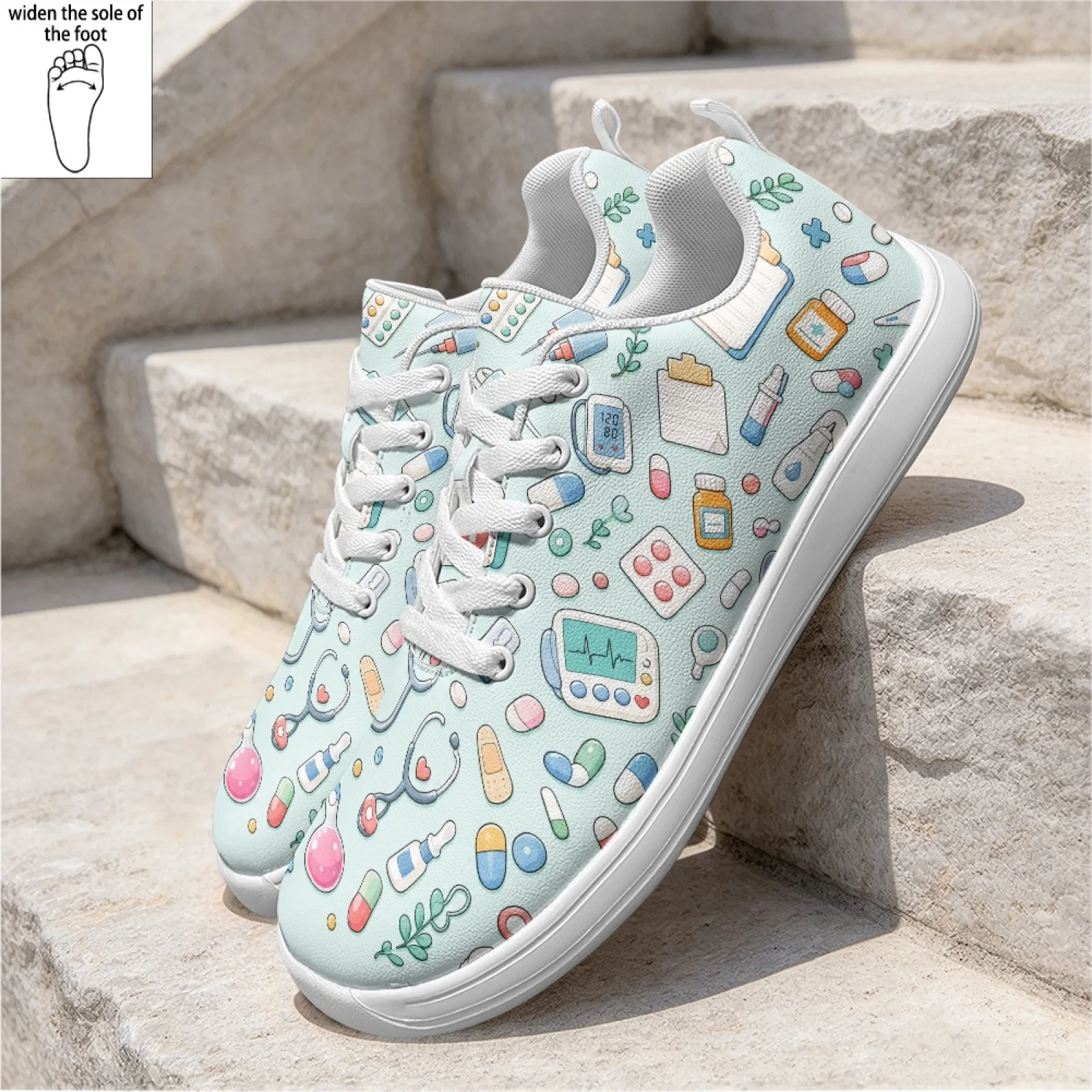 PENSTROLL Cute Medical Icon Print Wide Width Walking Sneakers for Women Hospital Office Washable Nursing Shoes