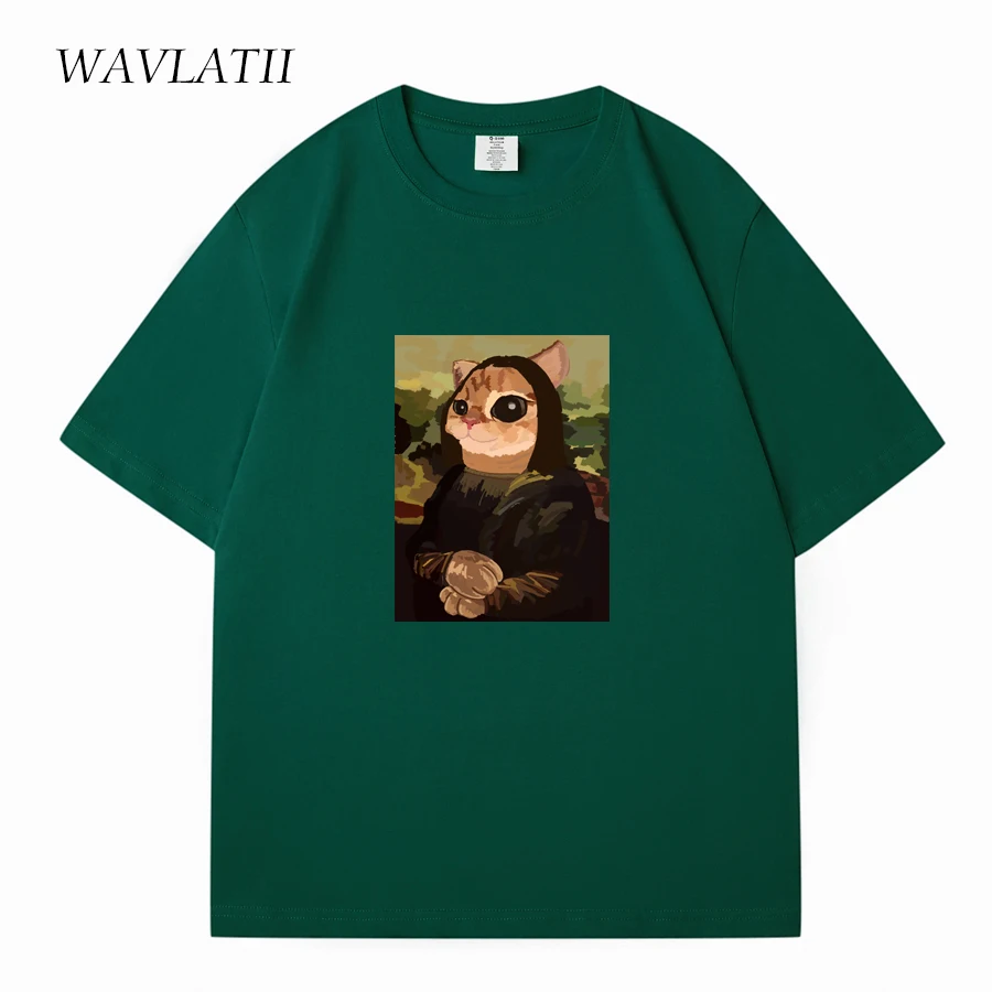 WAVLATII Women New 100% Cotton T shirts Female Dark Green Funny Printed Tees Lady Beige Cool Short Sleeve Tops for Summer WT2336