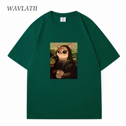 WAVLATII 女性新 100% コットン Tシャツ女性ダークグリーンおかしいプリント Tシャツレディベージュクール半袖トップス夏 WT2336