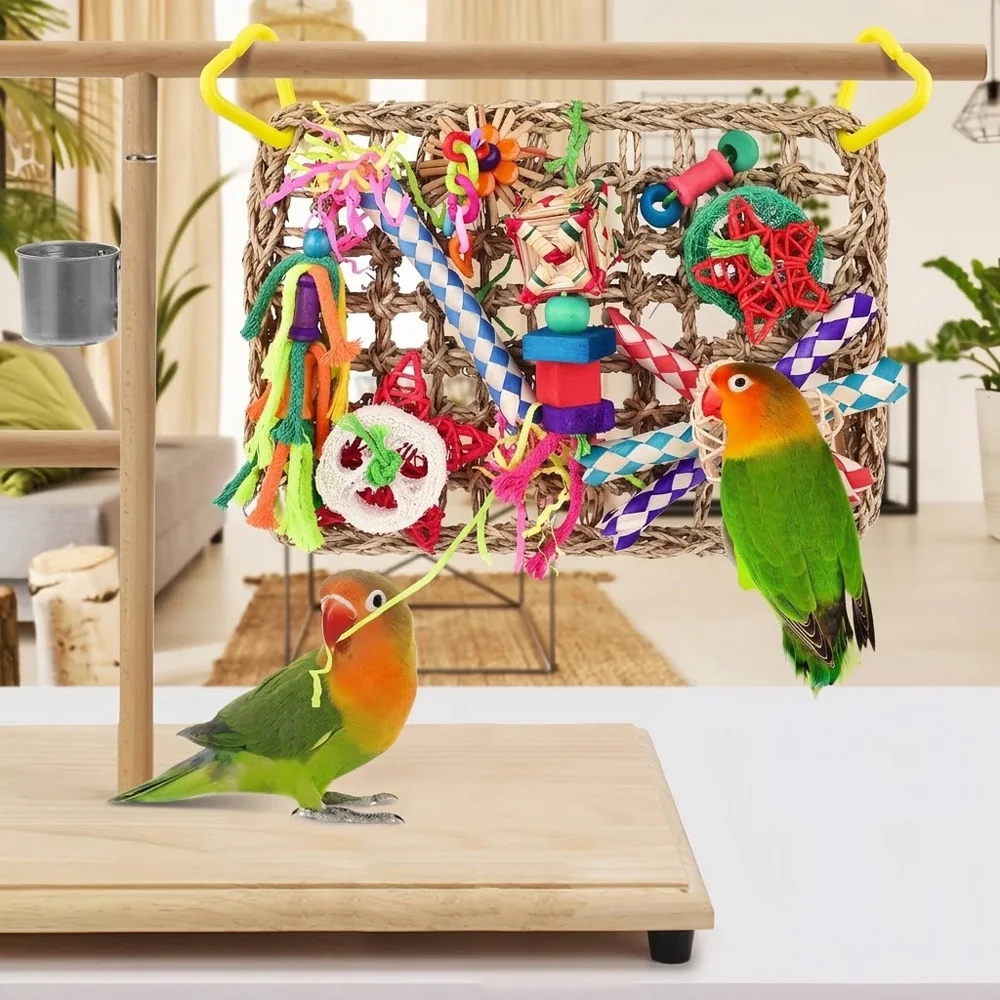 Natural Seagrass Parrot Foraging Climbing Wall Mat Chew Toy Hanging Bird Hammock Activity Center for Conure Cockatiel Parakeet