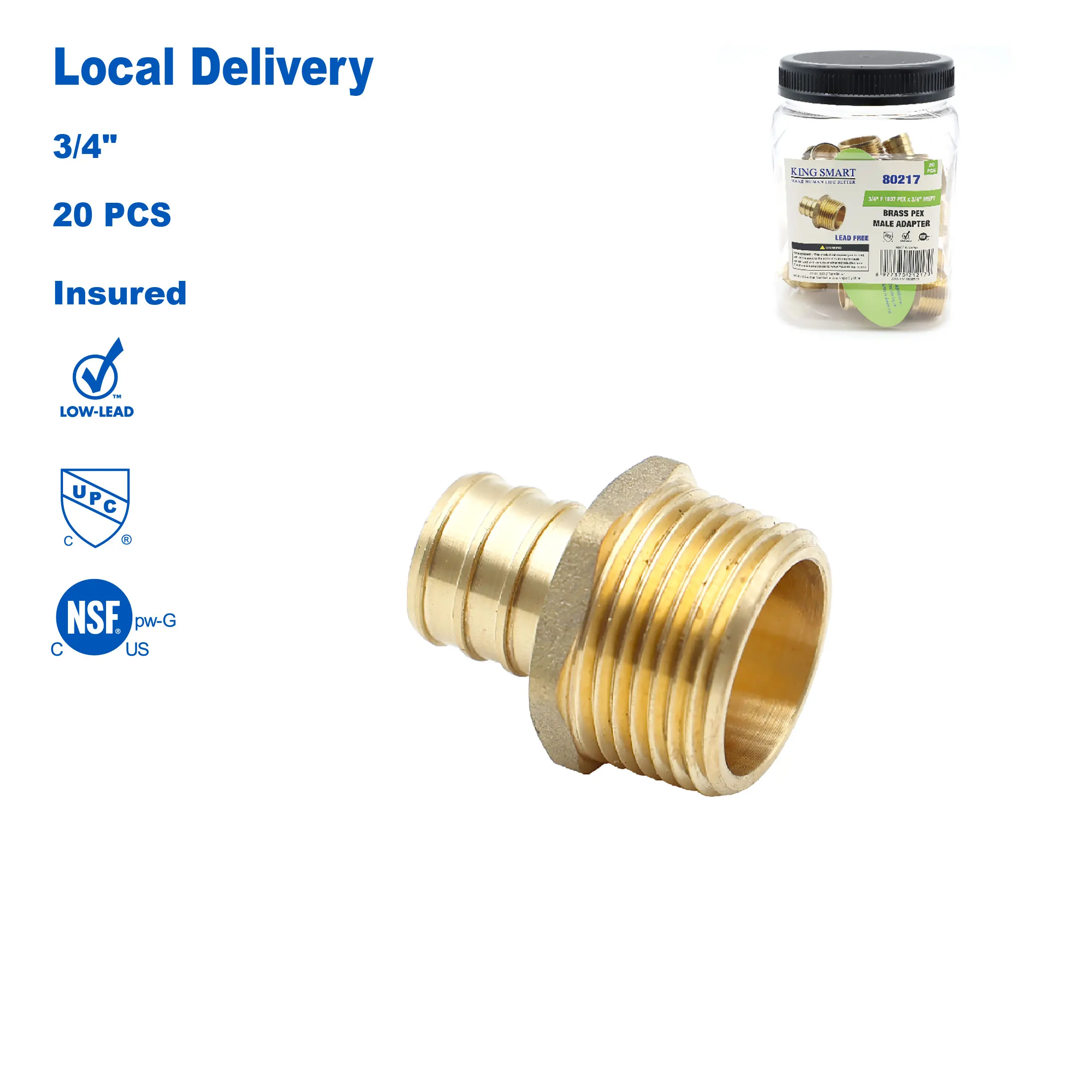 KING SMART 3/4 Crimp/F1807 PEX * 3/4 Male NPT Straight Male Adapter; Lead Free Brass; 20Pcs/Case; 80217