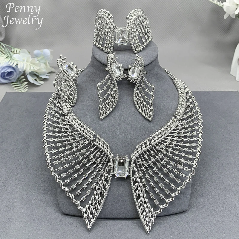 Retro 4Pcs Original Rhinestones Silver Jewelry Set for Women Gemstone Chunky Necklace Earring Bracelet Ring Wedding Party Gifts