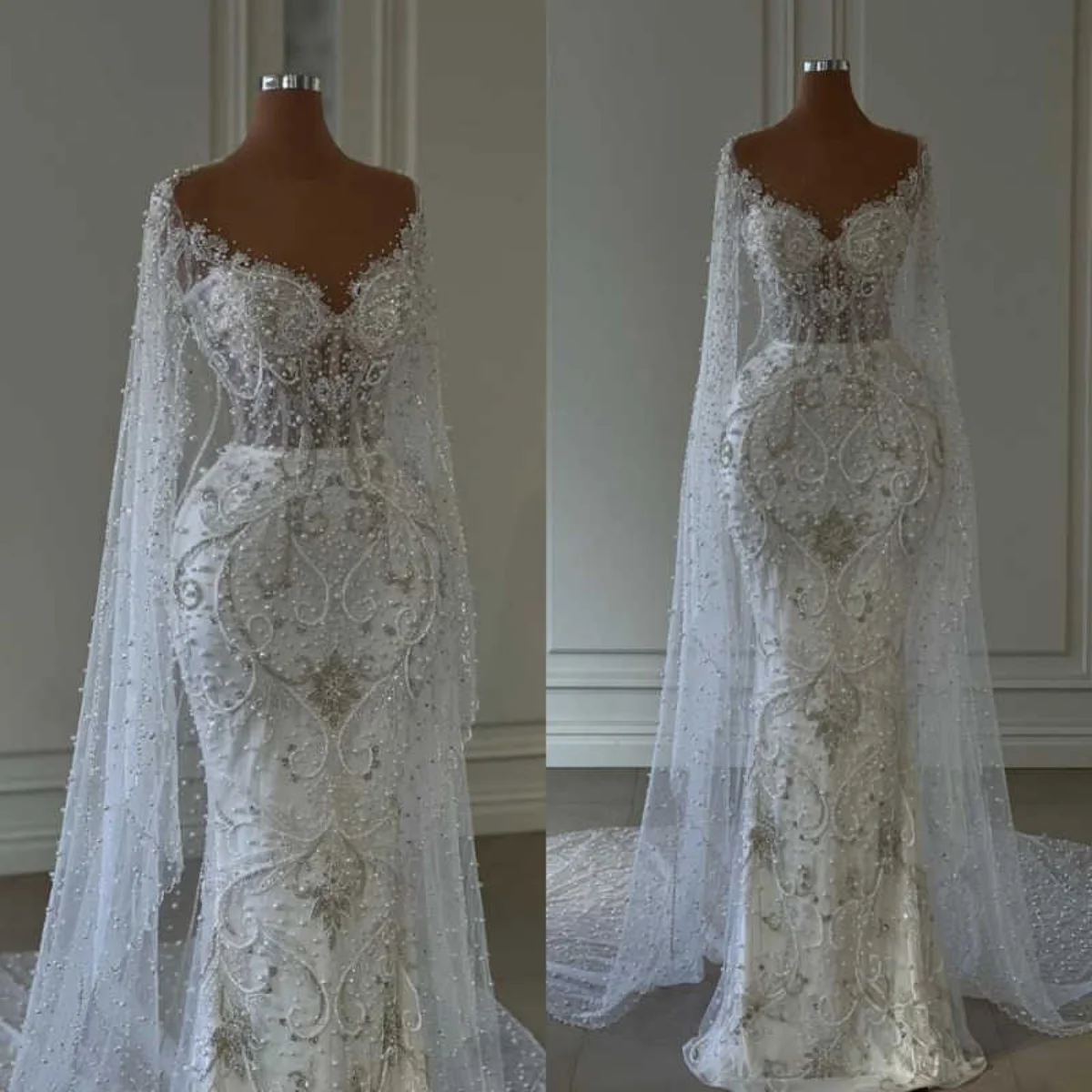 

Luxury Mermaid Evening Dresses Long Sleeve V-Neck Bead Pearls Formal Occasion Prom Dresses Vestido De Noite Customized