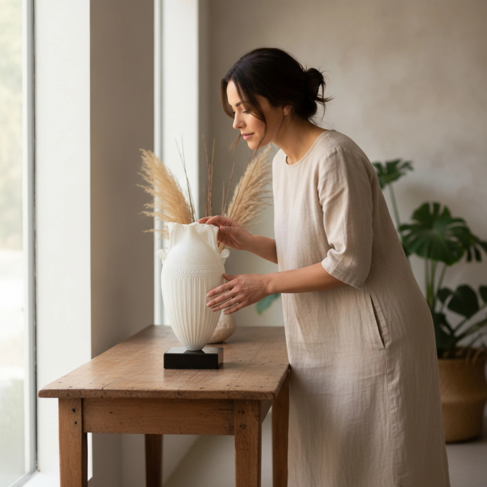 Relief Vase Ivory Vase with Handles Modern Chinese Minimalist for Living Room, Entry Table