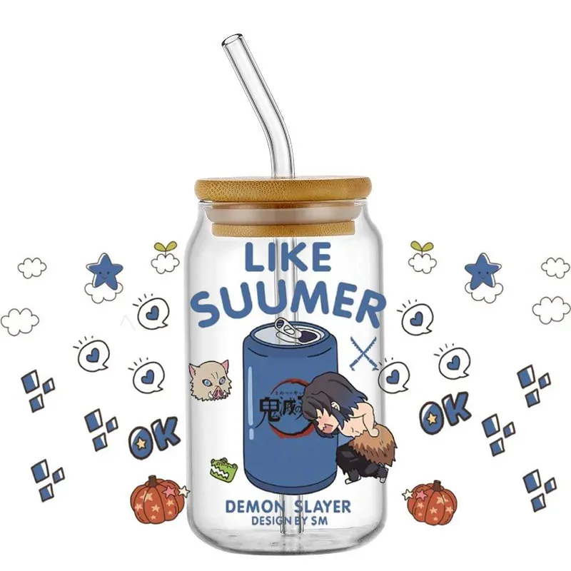 

3D Summer Cartoon Transfers Sticker Japanese Anime Decal UV DTF Cup Wrap for 16oz Libbey Glasses DIY Washable Mug Sticker