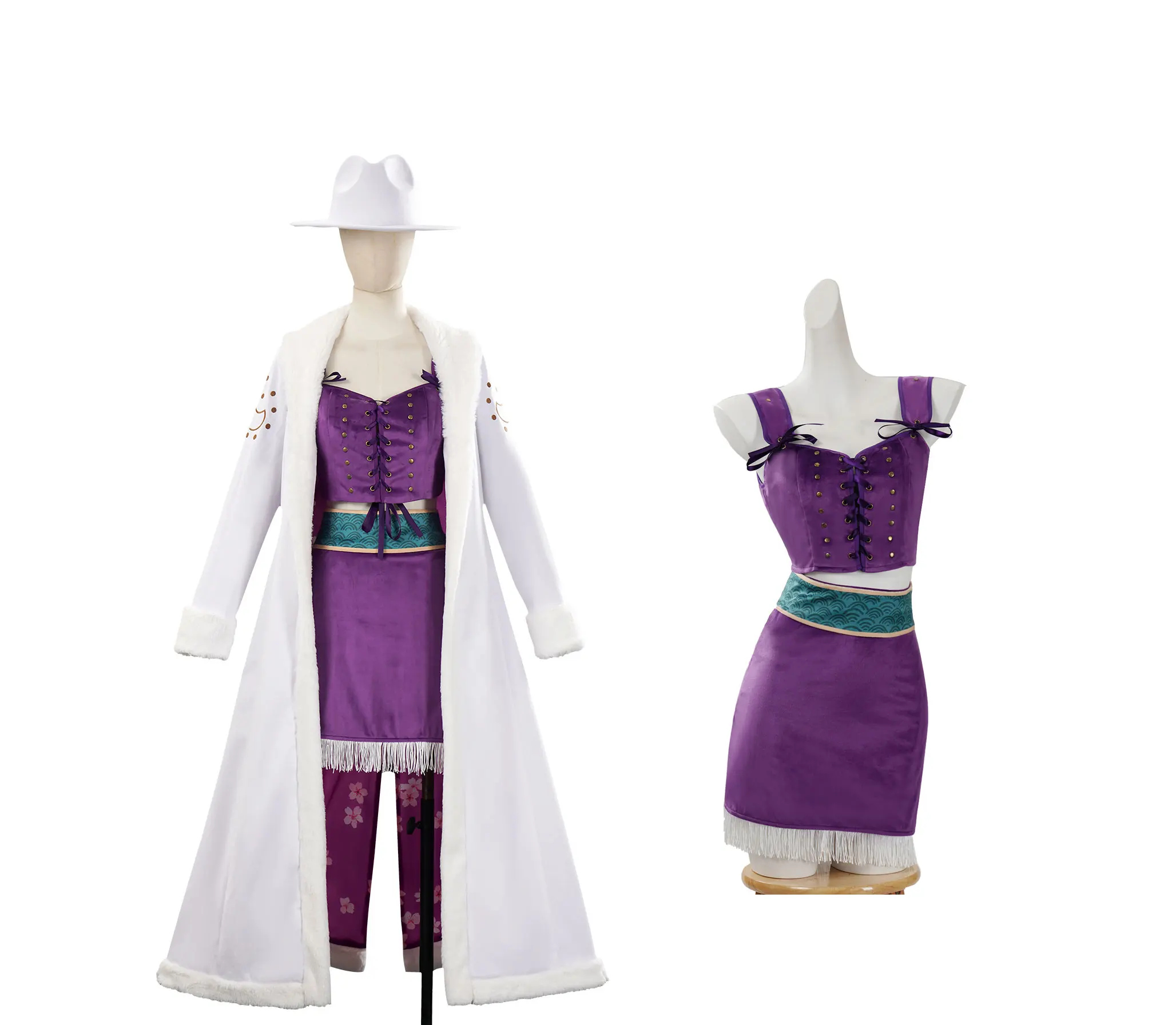 Nico Robin Cosplay-Kostüm, komplettes Set, lila Camisole-Weste, Quastenrock, Hut, Gürtel, Anime-Karnevalskostüm, Halloween-Cosplay-Kostüm