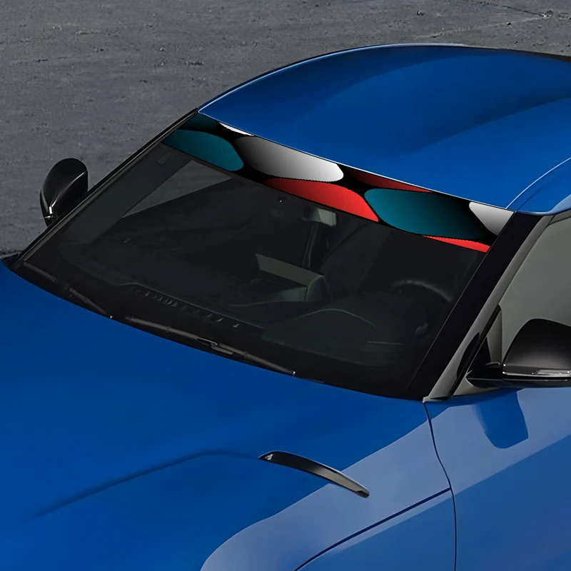 1 ورقة حمراء، أزرق رمادي نمط هندسي ثلاثي الأبعاد شريط زخرفي للزجاج الأمامي للسيارة - مقاوم للماء