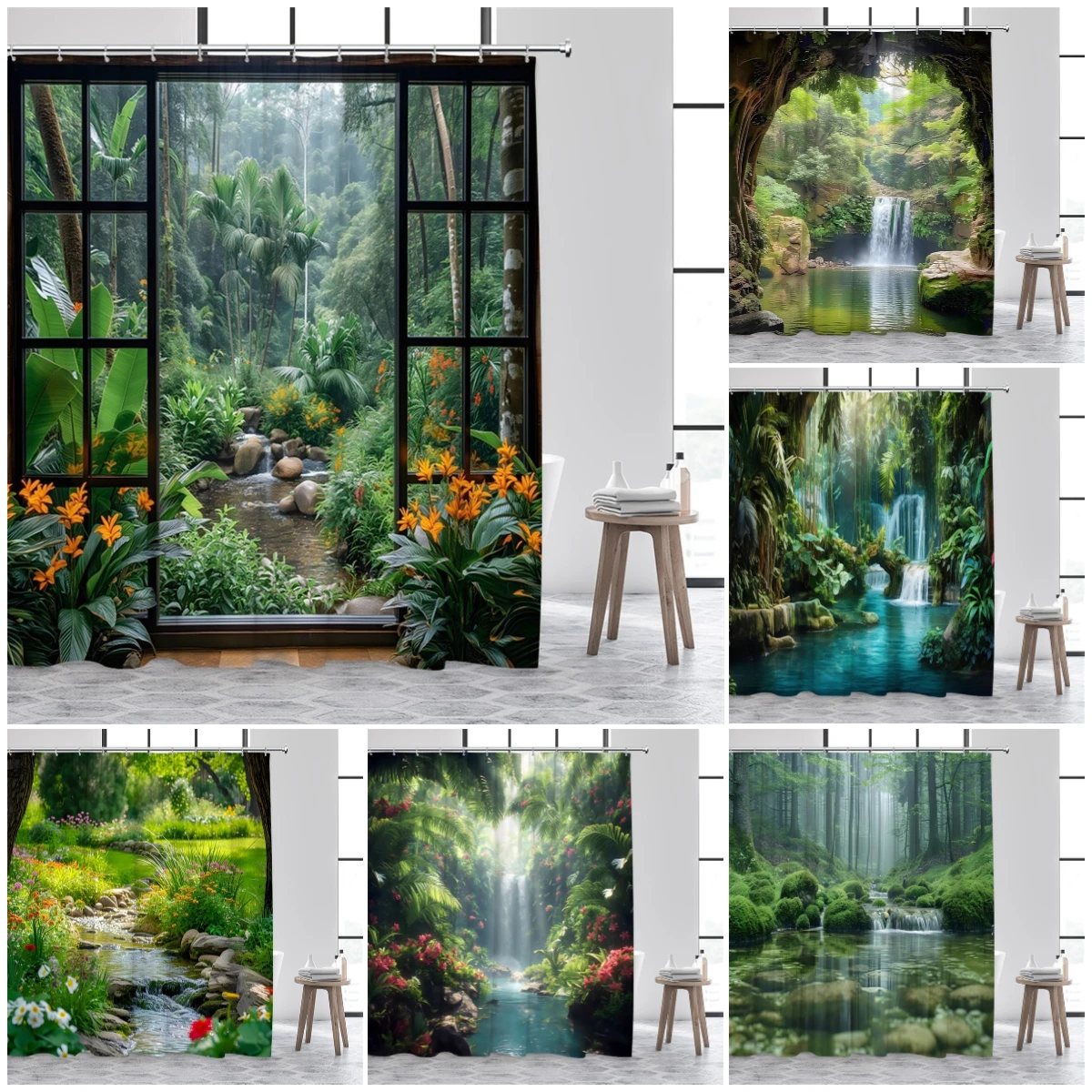 Tropical Jungle Landscape Shower Curtains Green Plants Palm Tree Waterfall Forest Nature Scenery Home Bathroom Curtain Decor Set