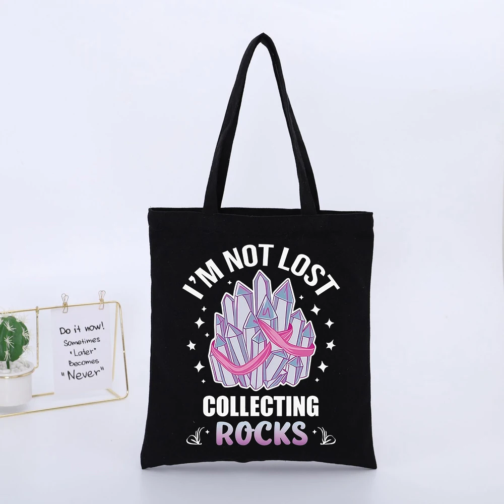 Crystal Cluster and Slogan Print Canvas Tote Bag, Casual Style for Daily Shopping and Errands