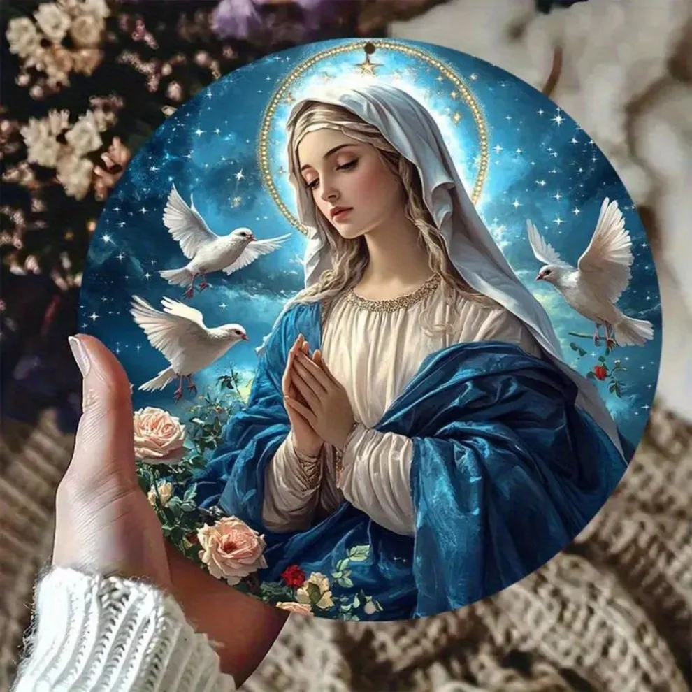 Religious Wall Art Virgin Mary 8 Inch 3D Embossed Aluminum Decor - Starry Night Pigeon Flower Design Pre-Drilled Easy Hanging Fo