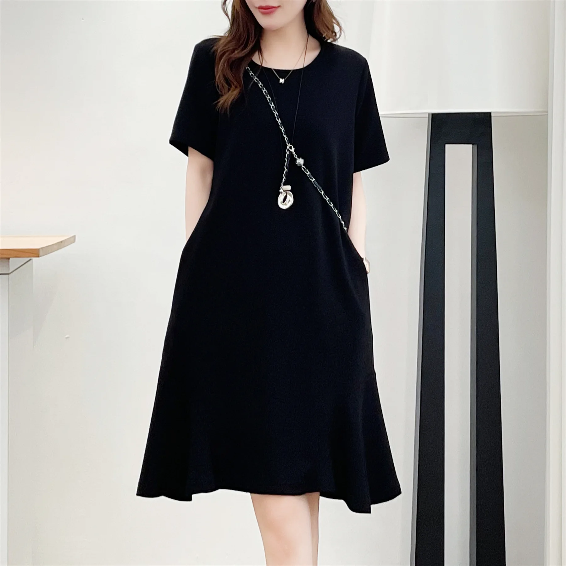

2026 Summer Premium Plus Size Mermaid Midi Dress Round Neck Short Sleeve Mamba Cotton Casual T Shirt Dress For Curvy Women 1005