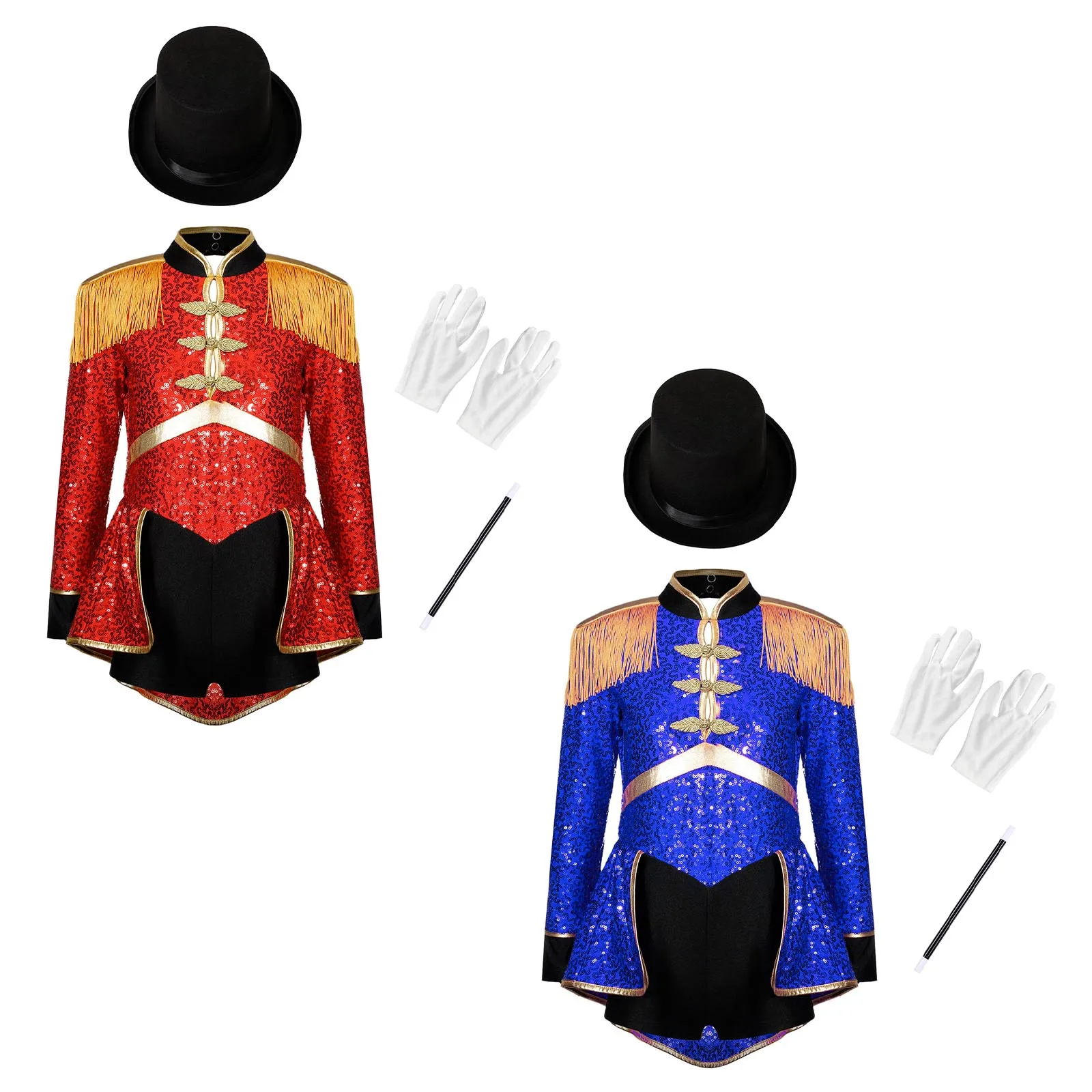 Girls Circus Ringmaster Costume Halloween Dress Up Drummer Performance Outfit Shiny Sequins Long Sleeve Jumpsuit Dress Suit