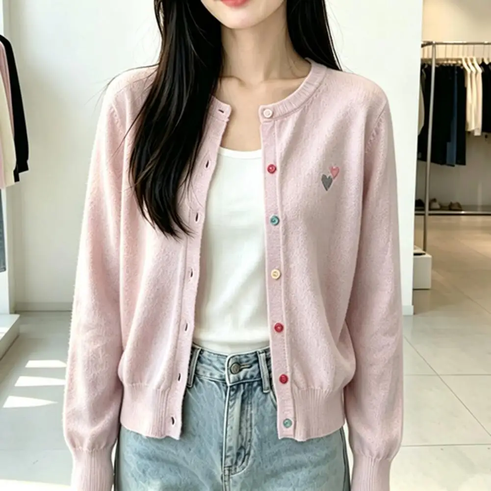 Women Cardigan Button Front Cardigan Embroidery Love Heart Open Front Jacket Embroidered Color Button Sweater Cardigan Jacket