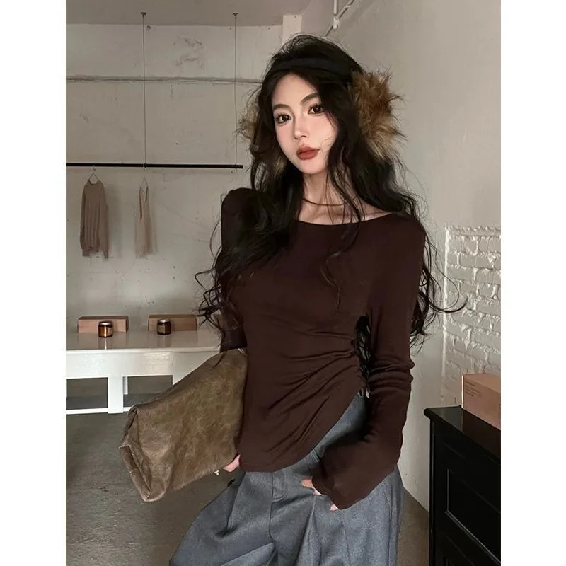 

Korean Style Hollow Out Backless Long Sleeve Tops Lace-up Slim Fit Brown/Black/Grey Tee Shirt for Spring Autumn Y2k Aesthetic