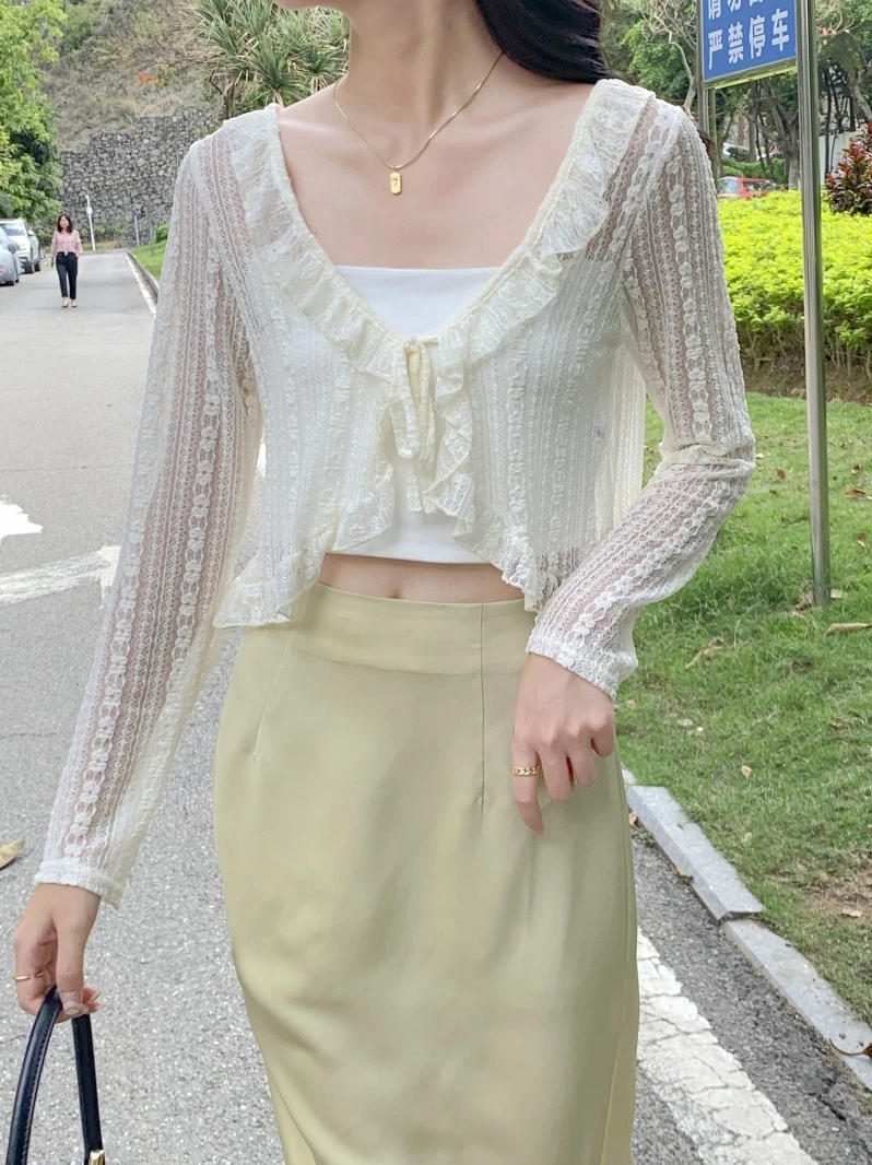 

Ort Кружевной открытый кардиган, летний дизайн с открытыми рукавами, женская верхняя одежда V-Ne, тонкий топ прямого кроя для юбок