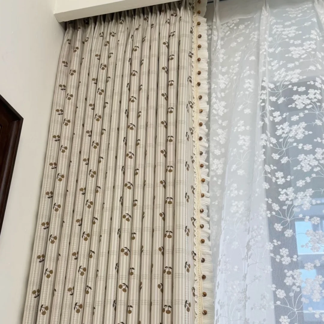 New retro French pastoral cherry embroidered striped curtains living room bedroom bay window curtains