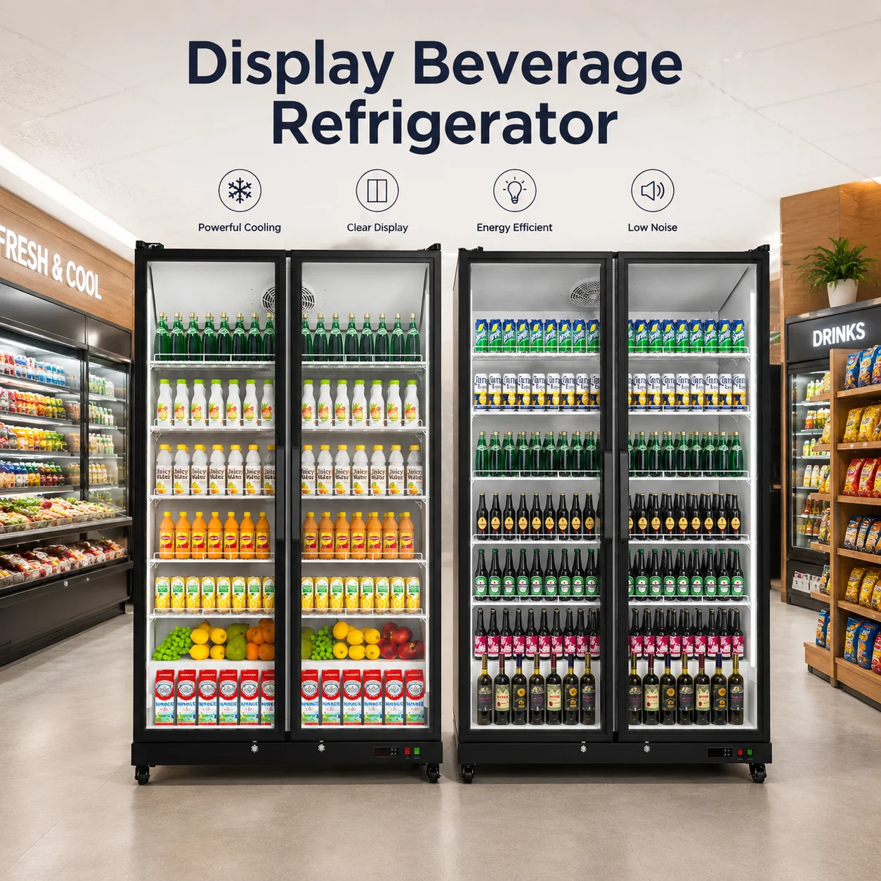 Yeego Display Beverage Refrigerator 768/1070L 27.12/37.79 Cu.ft Double-door Large Capacity Vertical Refrigerated Beverage Cooler For Medium/Large Supermarkets/Stores
