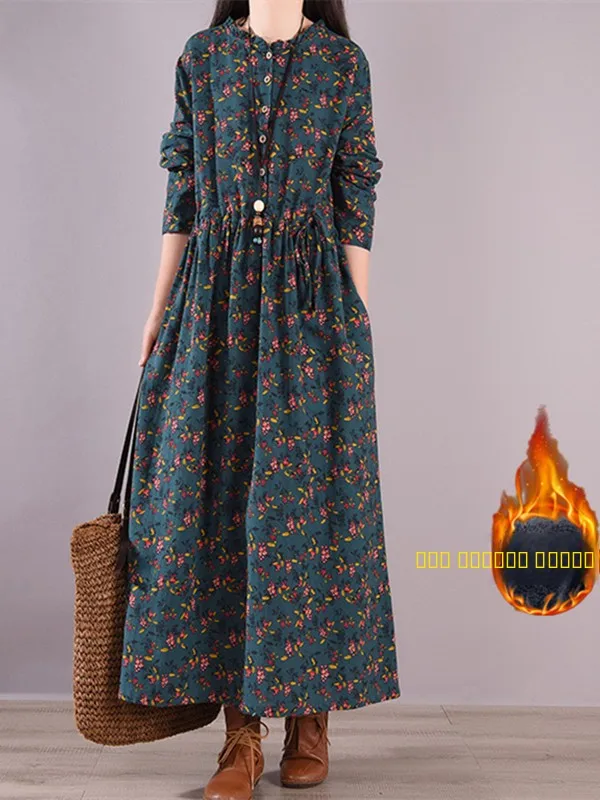 

Women's Loose Floral Print Belted Waist Slimming Fce Lined Dr Autumn Winter Ethnic Sle A-Line Dr Midi Length