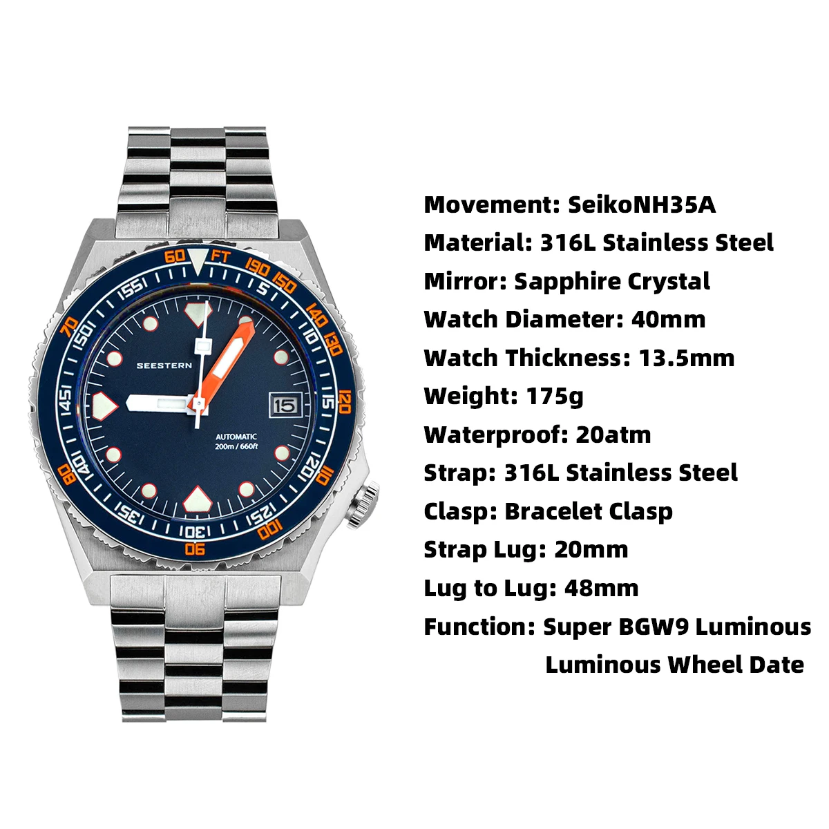 SEESTERN SUB600T Mens Diver Watch Automatic NH35 Movement Ceramic Bezel Lume Mechanical Wristwatches Sapphire Waterproof V3