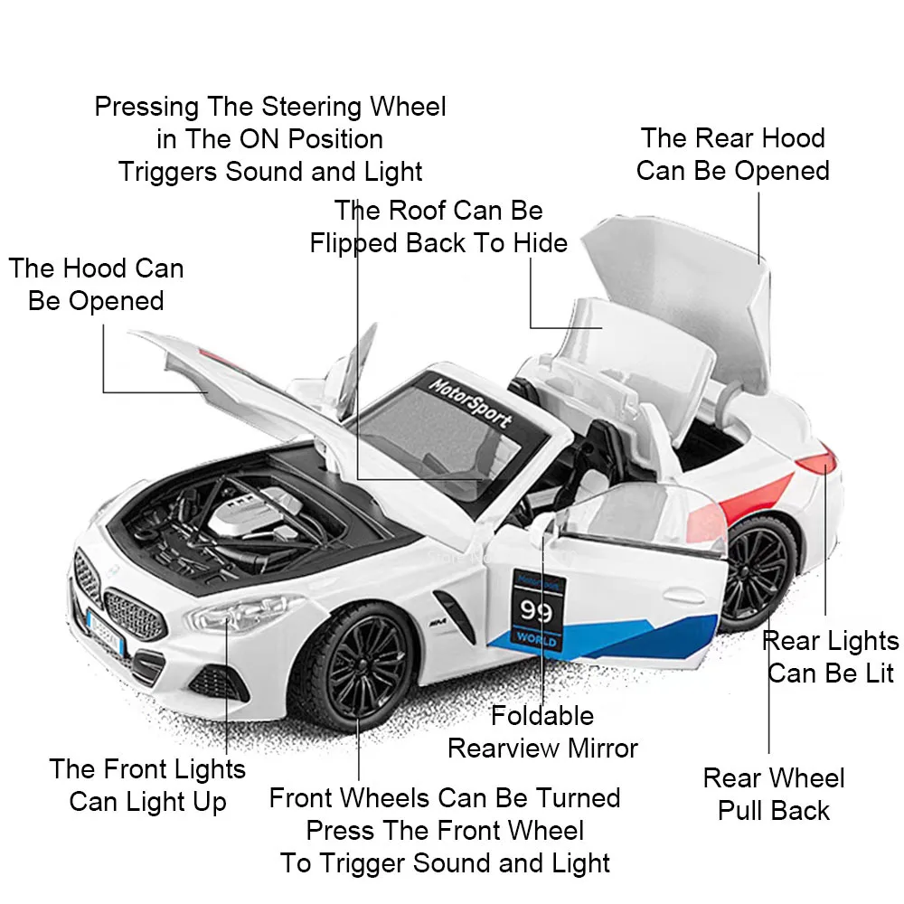 1:22 Z4 i8 Roadster Model Toy Car Wheel Steering Music Light Pull Back Shock Absorption Sports Cars Models Hobby Ornaments