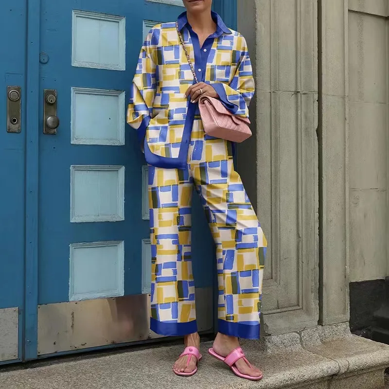 Women Fashion Print Pant Two Piece Sets 2025 Spring Autumn Long Sleeve Shirt And Wide Leg  Trousers Sets Casual Loose Home Suit