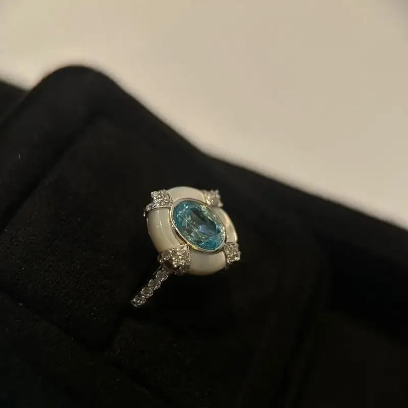 Copper Vintage Palace Style Blue Aquamarine Gemstone Oval White Fritillaria Rings for Women Light Luxury Ring Wedding Jewelry