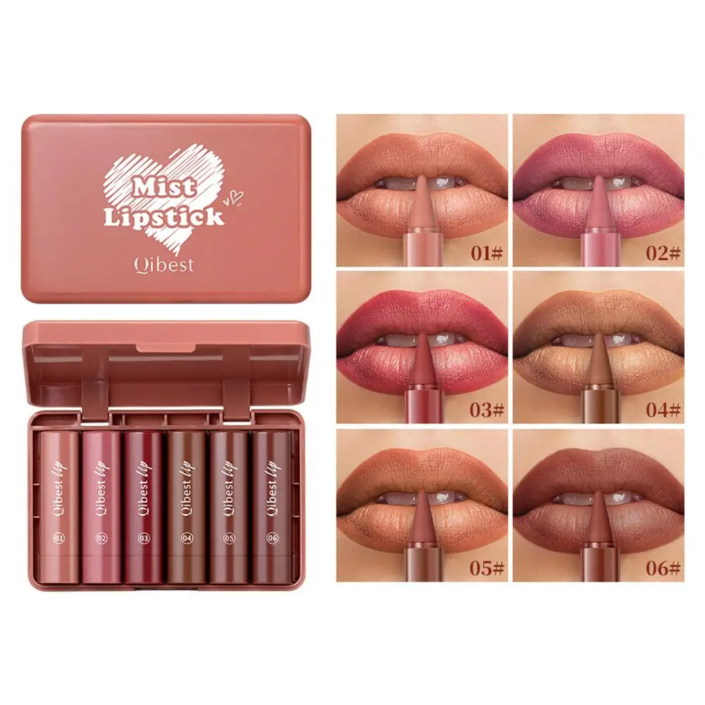 6 colori/1 set Rossetto in velluto rosso opaco marrone Matita per labbra con gradiente affusolato Set di matite per labbra con tinta antiaderente impermeabile