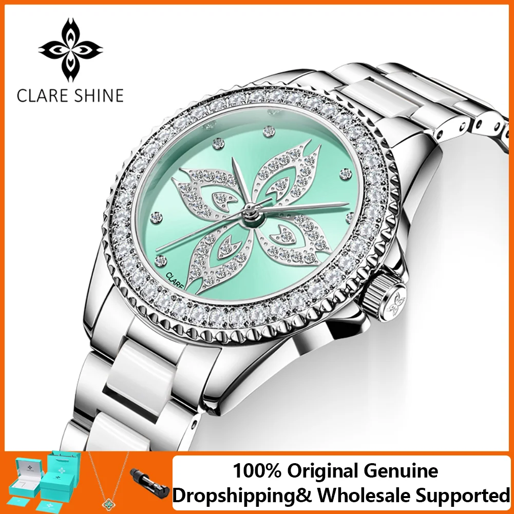 CLARE SHINE Women's Watches Necklace Gift Box Elegant Luxury Ceramic Steel Strap Diamond Bezel Original Quartz Watches for Women