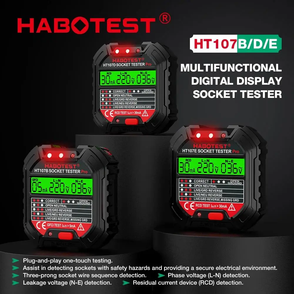 HABOTEST HT107 Pro Socket Tester Voltage Test Socket Detector EU Plug Ground Zero Line Plug Polarity Phase Check
