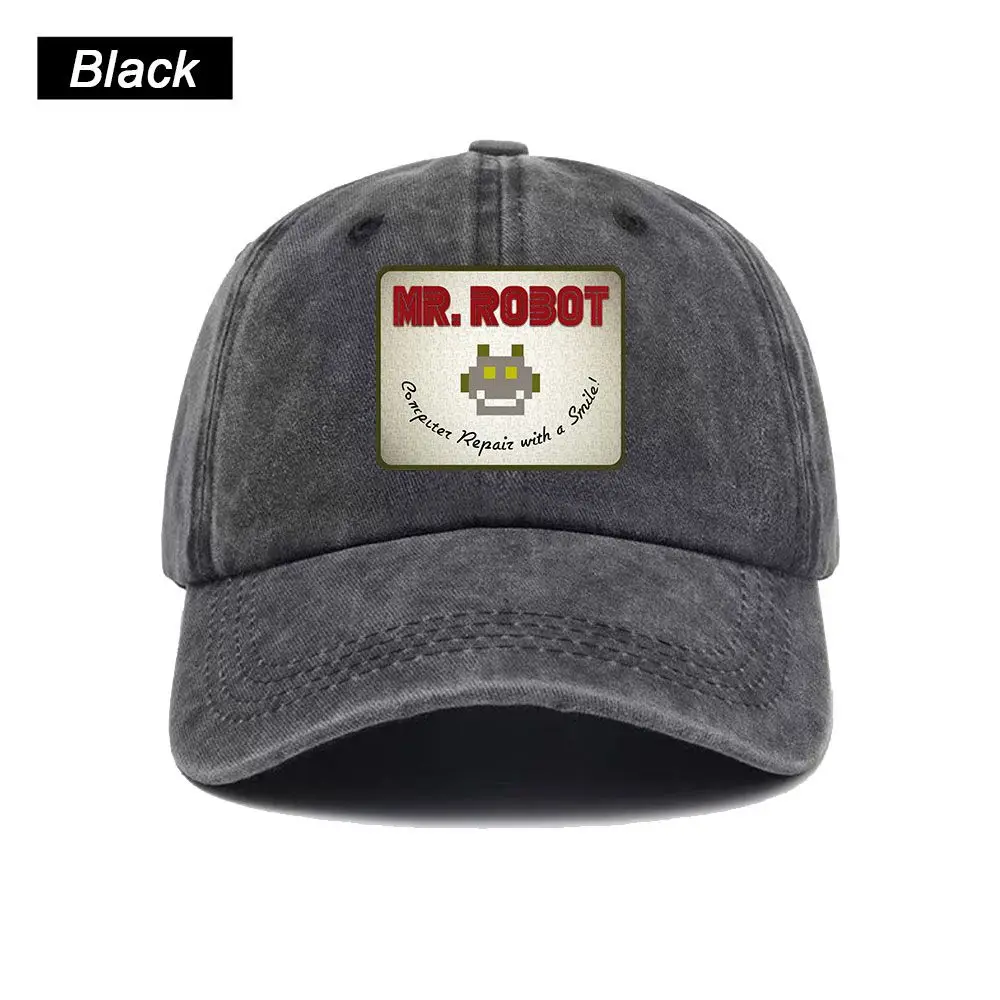 Vintage Washed Baseball Cap Funny Mr Robot Pixel Art Patch Computer with Sourires Anime Print Graphic Unisex Casual Cotton Hat