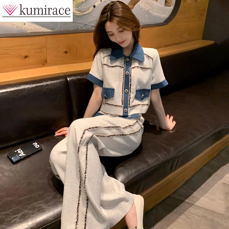 

Summer Fashion Set Women's Short Sleeve Shirt Top High Waist Elegant Wide Leg Pants Two Piece Set Luxury Clothes Womeny2k Clothe