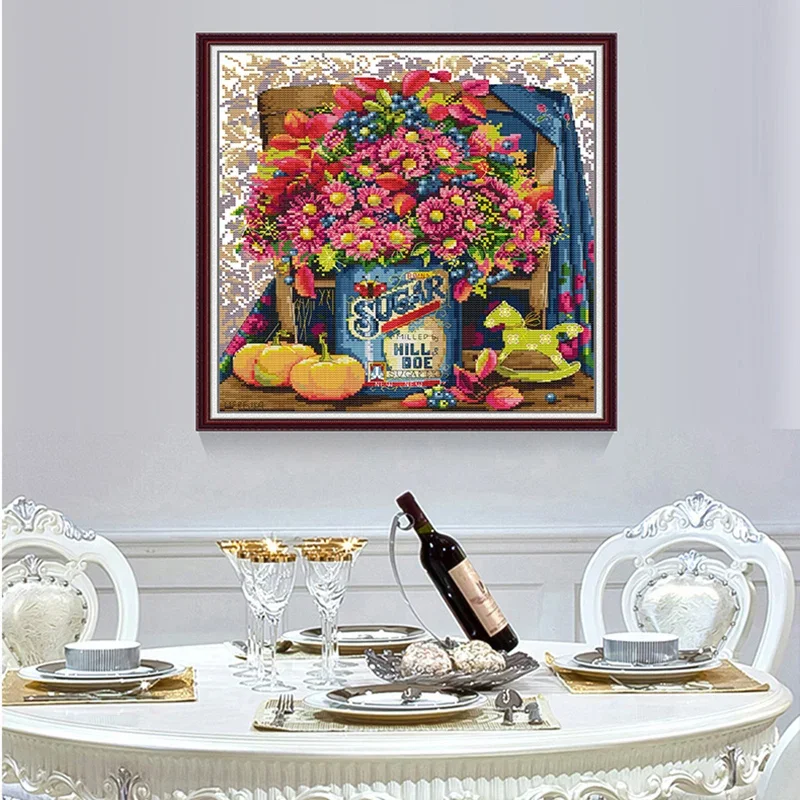 

Joy Sunday Daisy Flower Basket Cross Stitch Kit DIY Floral Pattern 11CT 14CT Canvas Needlework Embroidery Set Bedroom Decoration