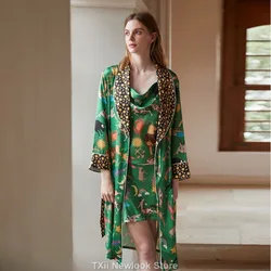 Green Constellation 2023 New Style Pajamas Women's Autumn Ice Silk Long Sleeve Nightgown Spring and Autumn Thin Printed Bathrobe