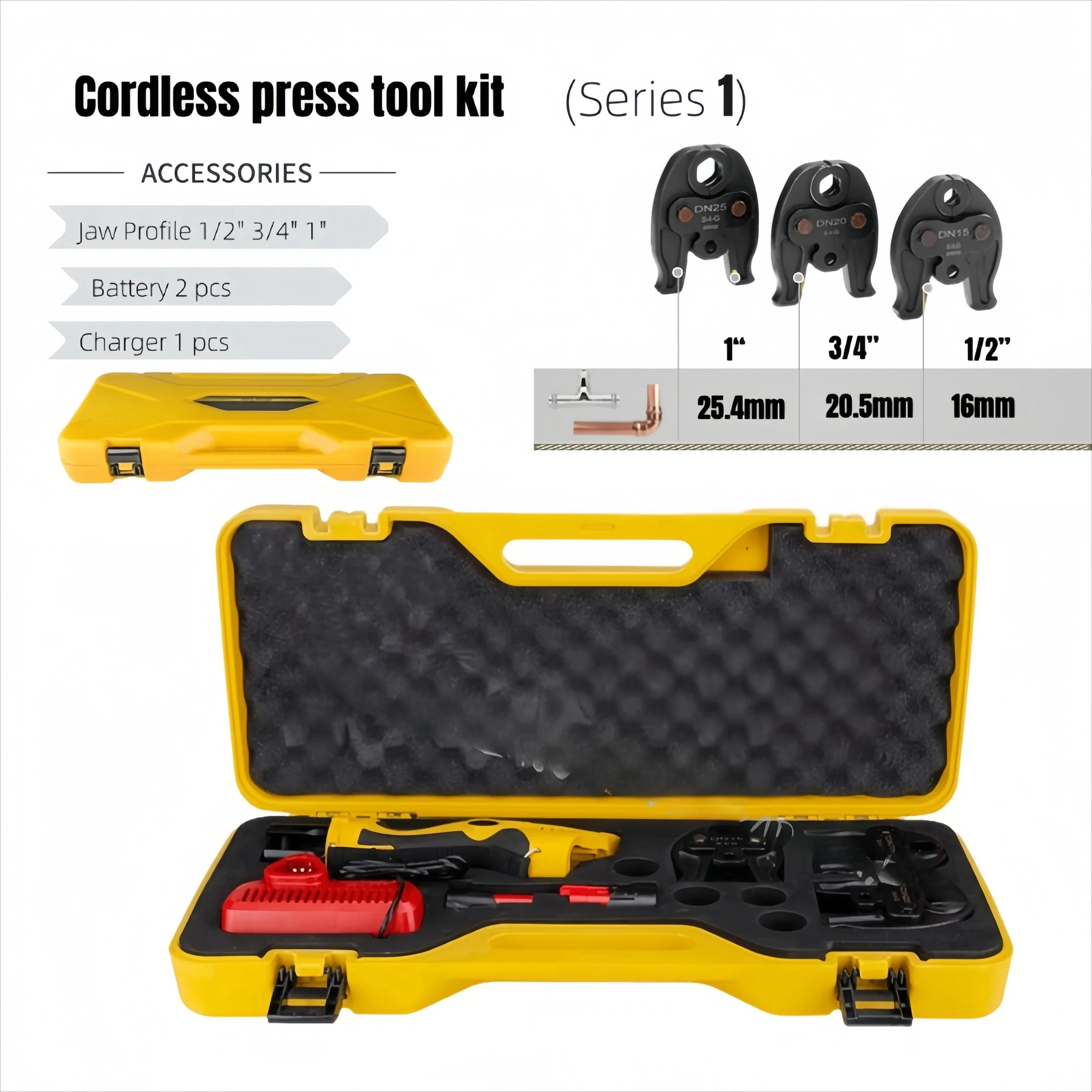 12V Cordless Battery-Powered Hydraulic Pipe Press Tool Kit 3 Jaw Crimping For 1/2 3/4 1 Inch Stainless Steel Includes 1/2 3/4 1