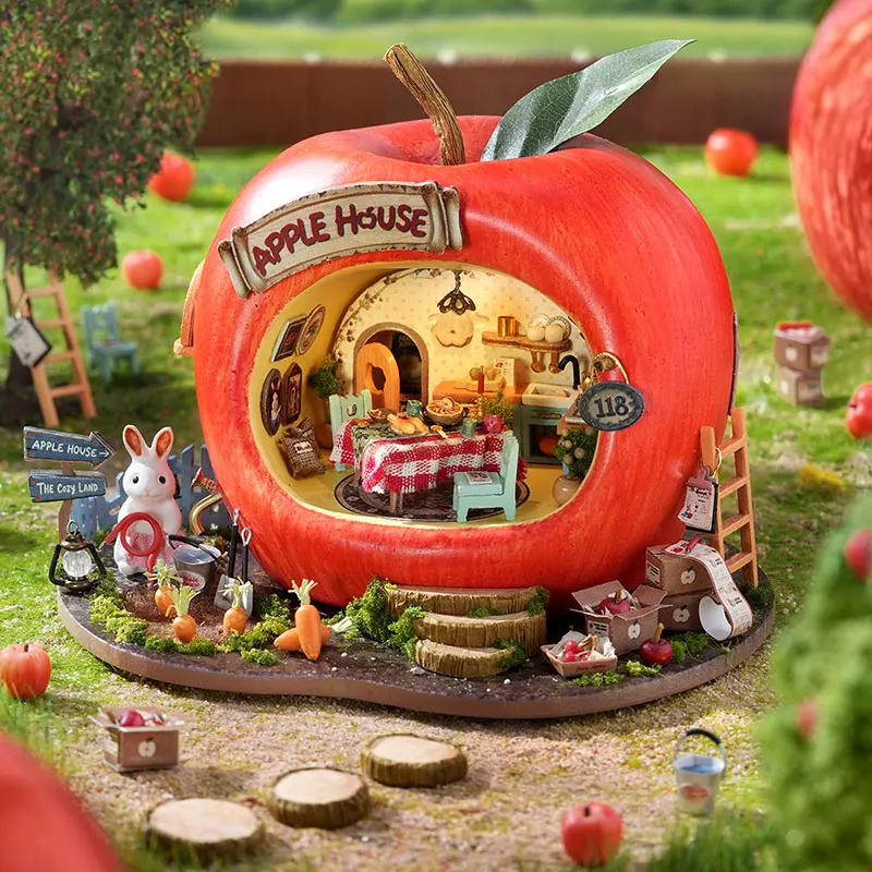 Micro Fruit Apple House Doll Houses Set 3D Puzzle Model DIY Handmade Toys Set Room Bedroom Decoration Birthday Gifts