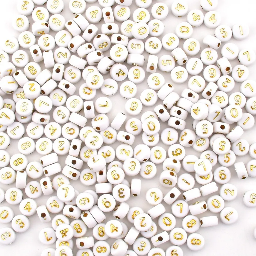 50pcs/lot 7*4*1mm DIY Handmade beading Acrylic beads Round white background gold character number beads for jewelry making