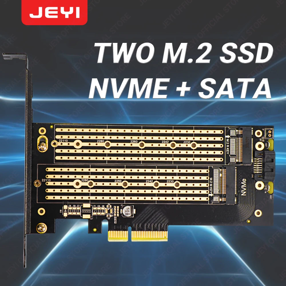 JEYI SK6 M.2 Dual M.2 PCIE 4.0 Adapter for NVMe / NGFF SSD, NVME (m Key) and SATA (b Key) SSD to PCIe x4 X8 X16 Slot